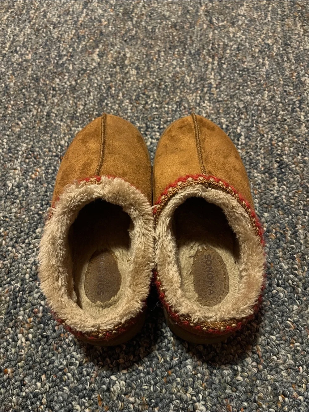Sonoma Brown Faux Fur-Lined Kids Moccasin Slippers with Red Trim